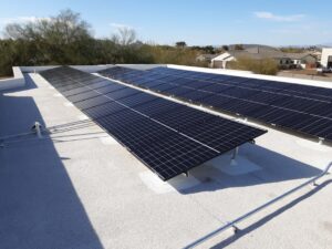PEP Solar install on flat foam roof solar panels tilted in several array rows