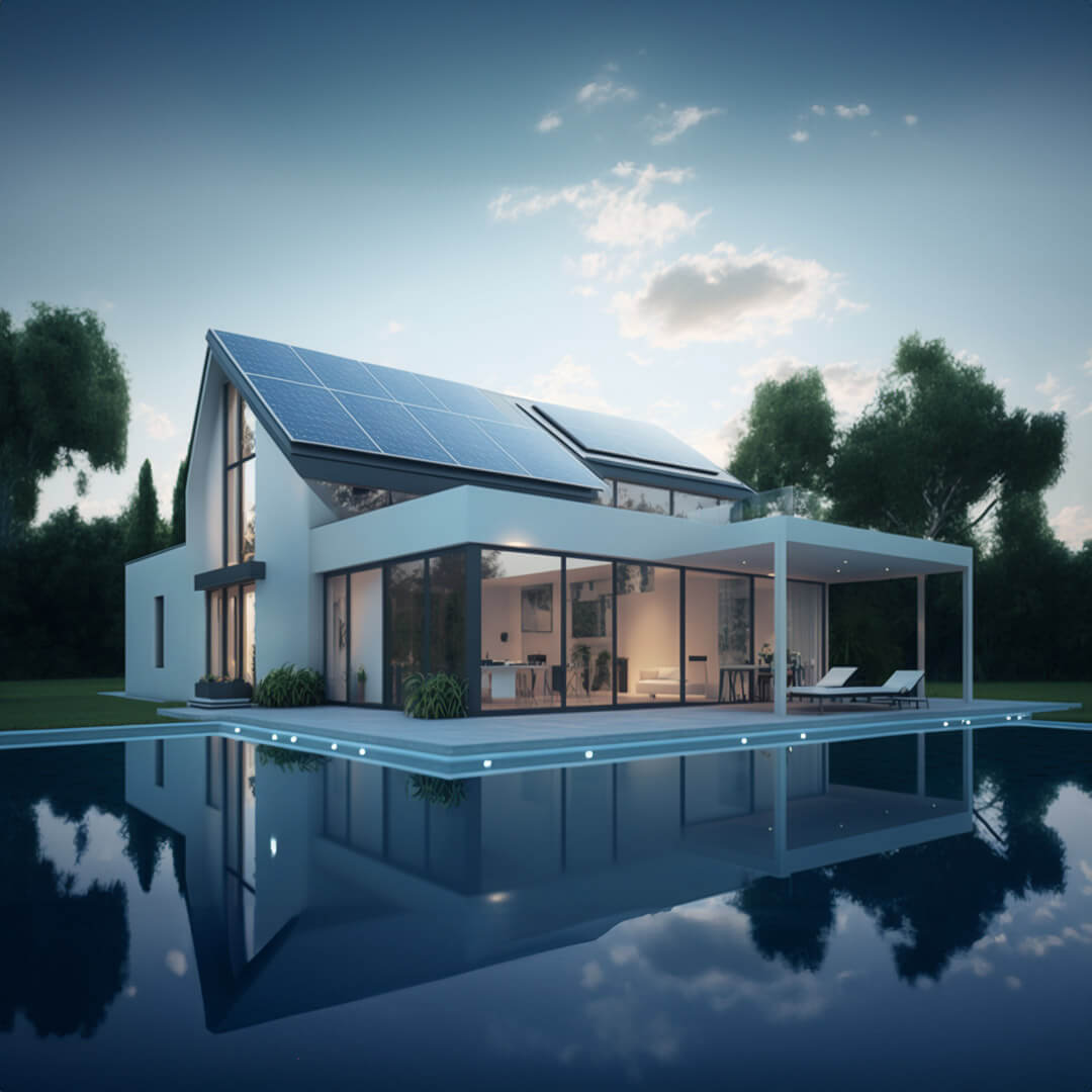 A contemporary house featuring solar panels on the roof and a swimming pool.