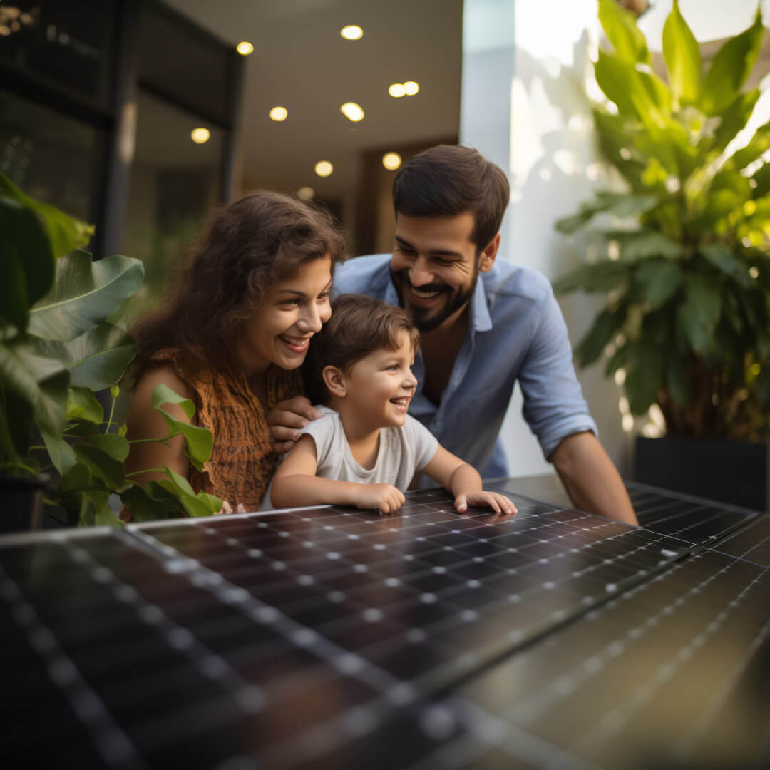 A family observing a solar panel with a child, exploring sustainable energy options.