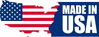 logo made in usa in blue and the united states outlined with american flag overlayed so looks like the usa flag as the country